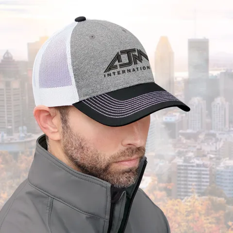 Cotton Drill / Polyester Heather / Polyester Mesh - 6 Panel Constructed Full-Fit (Mesh Back) - Buckram laminated front panels with Pro-Stitch