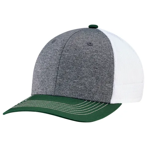 Cotton Drill / Polyester Heather / Polyester Mesh - 6 Panel Constructed Pro-Round (Mesh Back, Youth) - Deluxe buckram laminated front panels with Pro-Stitch