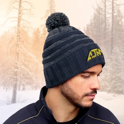 Acrylic / Polyester Micro Fleece - Cuff Toque (Pom Pom 8cm) - Marl Stripe jersey knit / Chunky knit